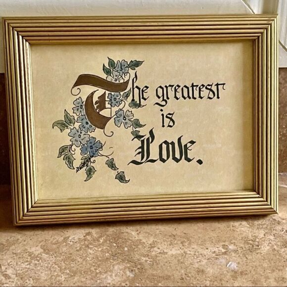 Vintage Framed Calligraphy Art “The Greatest is Love” Bible Verse - Picture 1 of 14